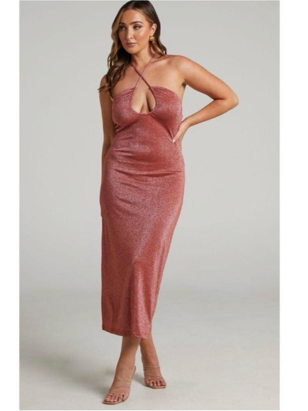 Charlie Holiday Anthropology Rose Gold Shimmer Halter Midi Dress